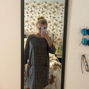 Primark Black and Gray Plaid Long Sleeve Dress